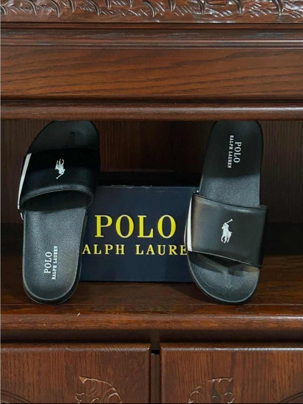 Polo by Ralph Lauren Black Slide Sandals with White Pony